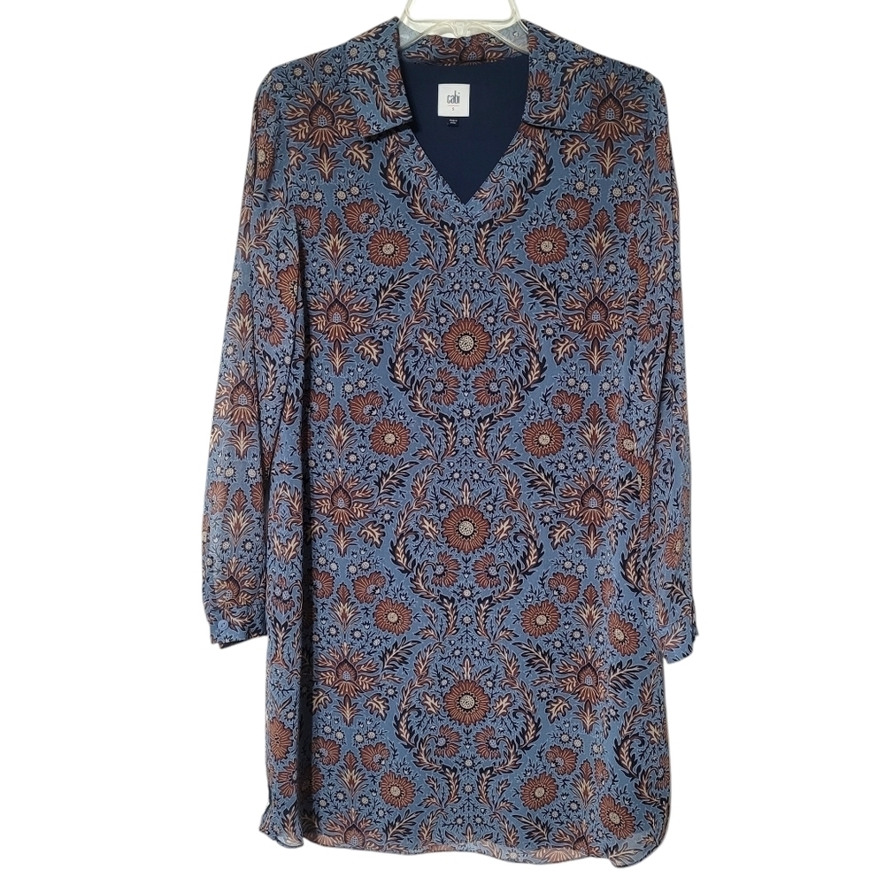 Cabi Blue Provincial Floral Paisley Long Sleeve V-Neck Shift Dress Size Small
